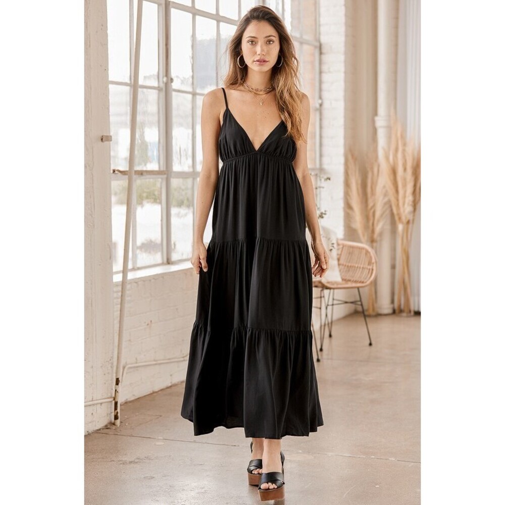 Lulus Tiered V Neck Black Maxi Dress - Size S